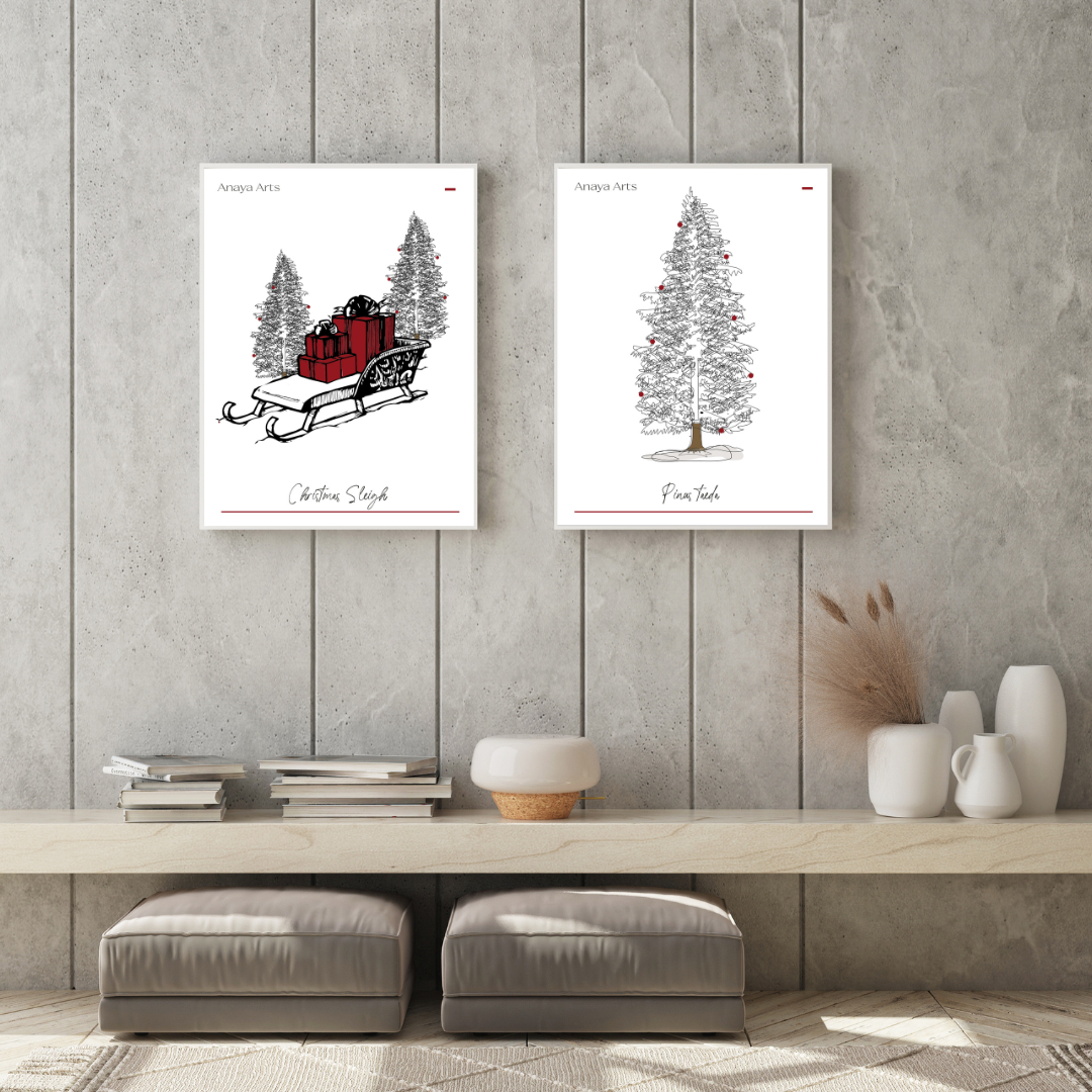 christmas tree and sleigh living room art