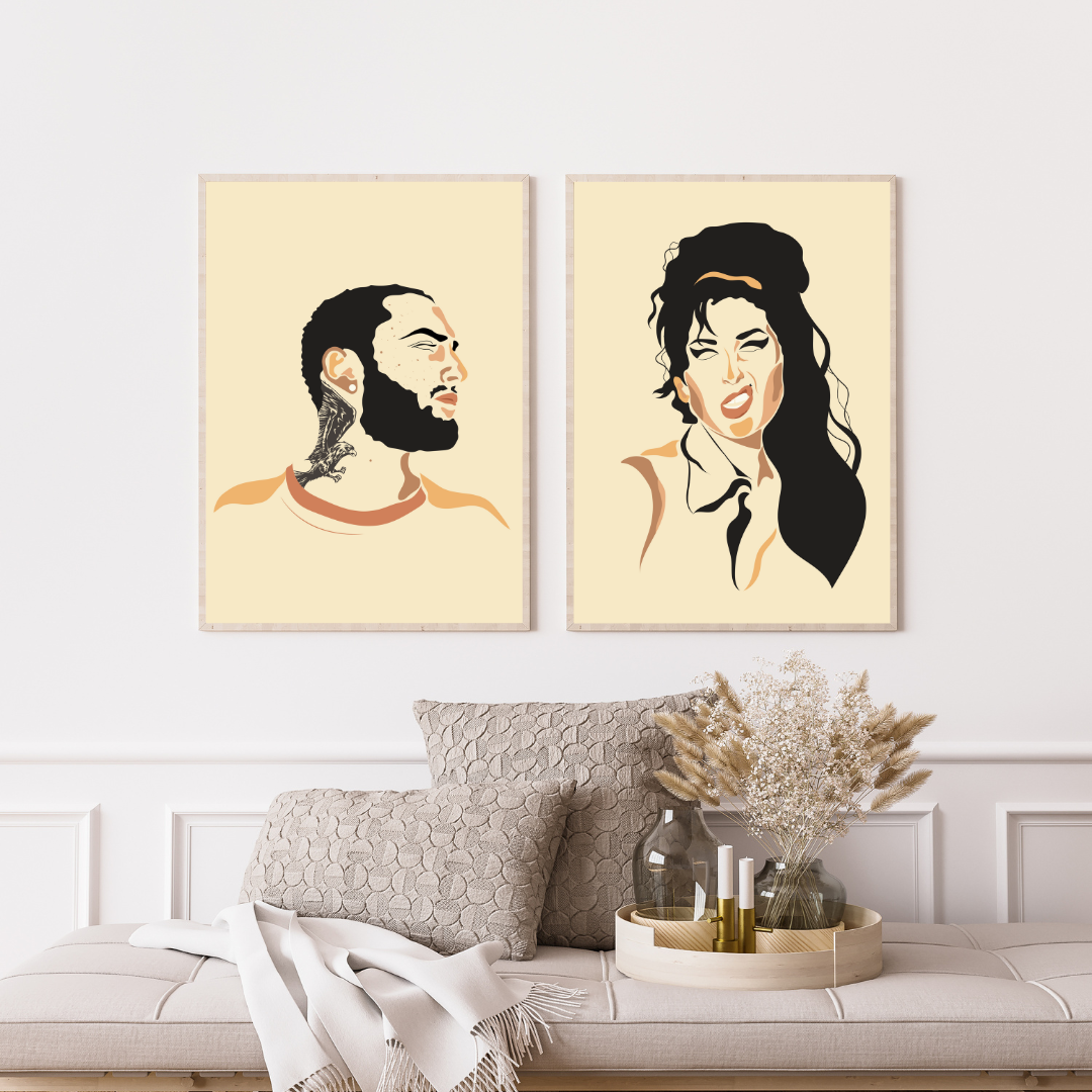 Mockup art of Amy Winehouse and Mac Miller 