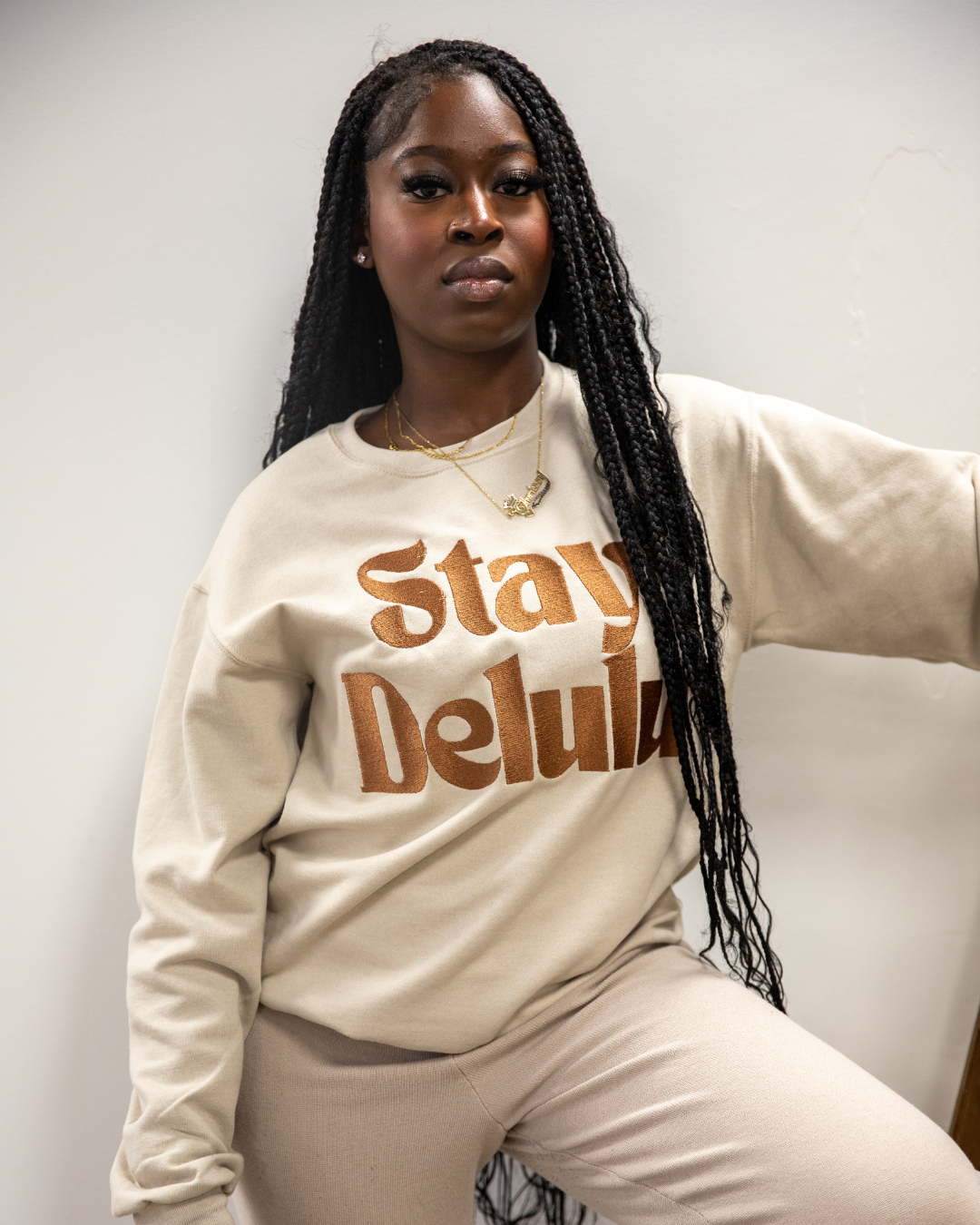 Stay Delulu Embroidered Crewneck